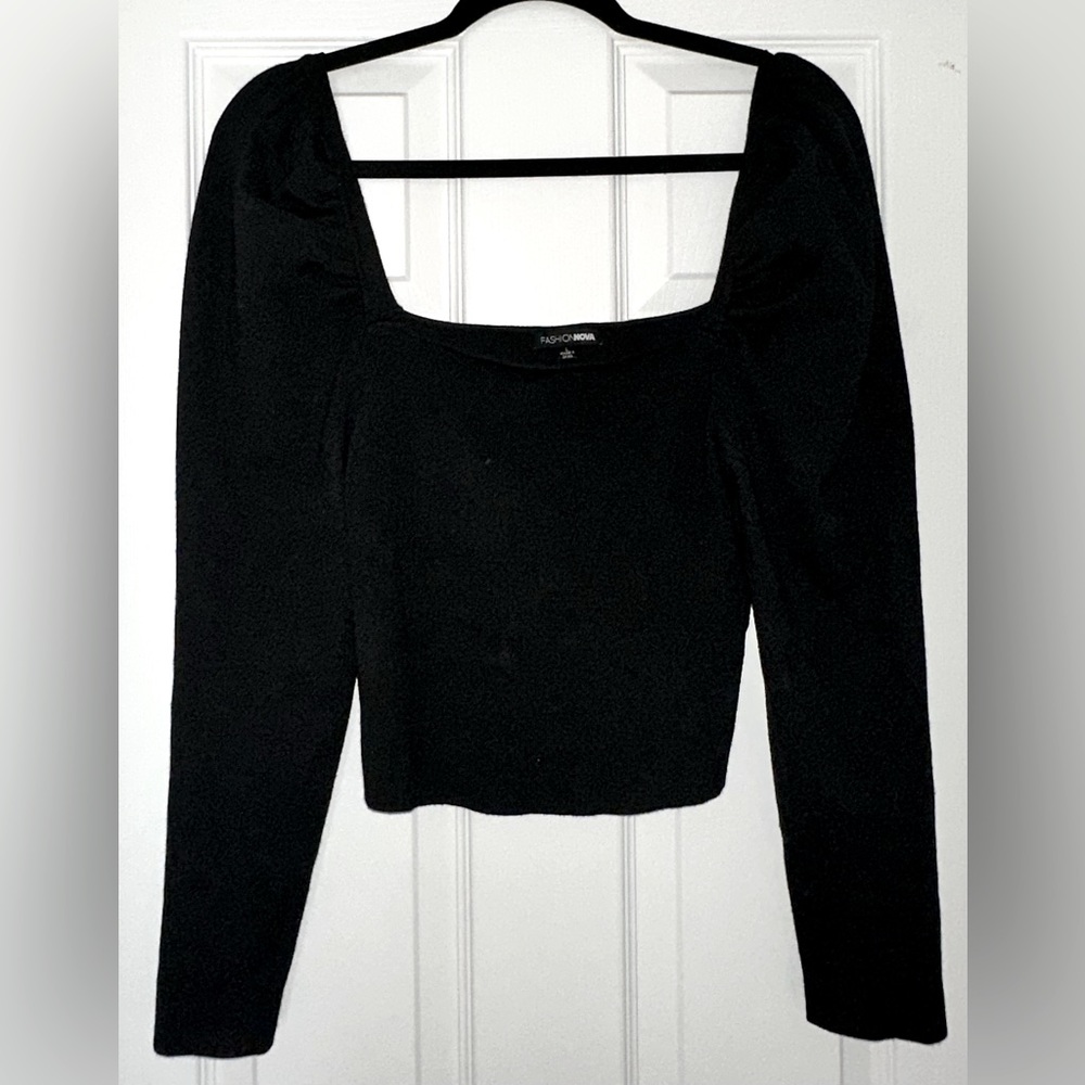 Puff sleeved and square neck knit long sleeve top from fashion nova.